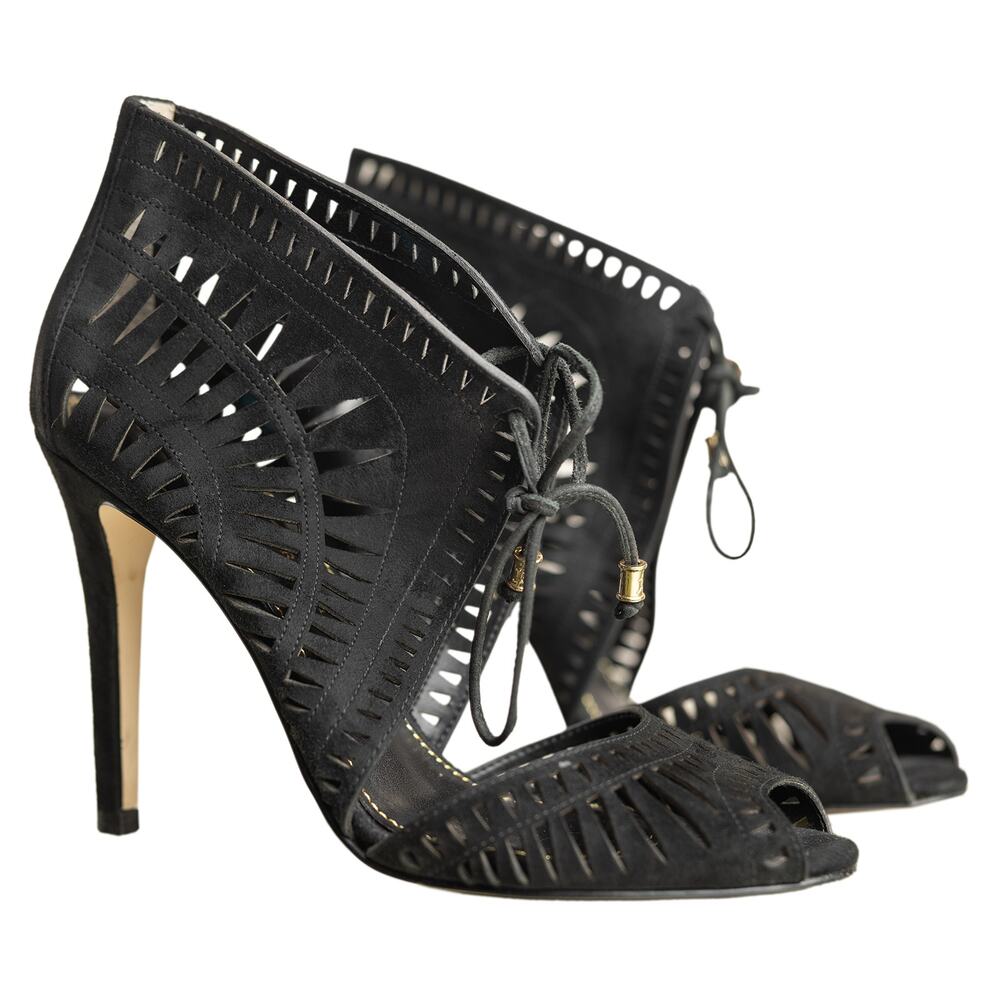 Ivanka Trump Delfino Black Suede CutOut Ghillie Lace-Up Bootie Heel -Sz 7.5 -EUC